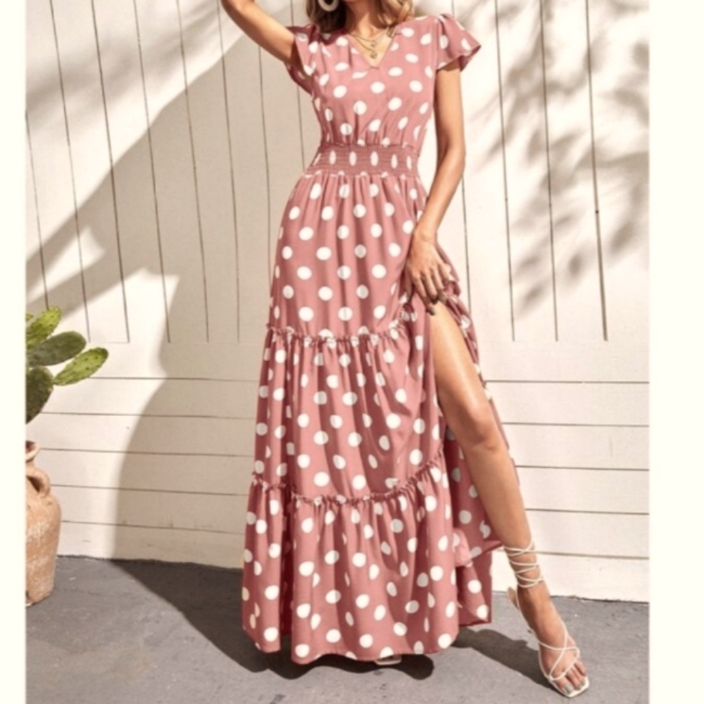 Mauve polka dot maxi dress with slit